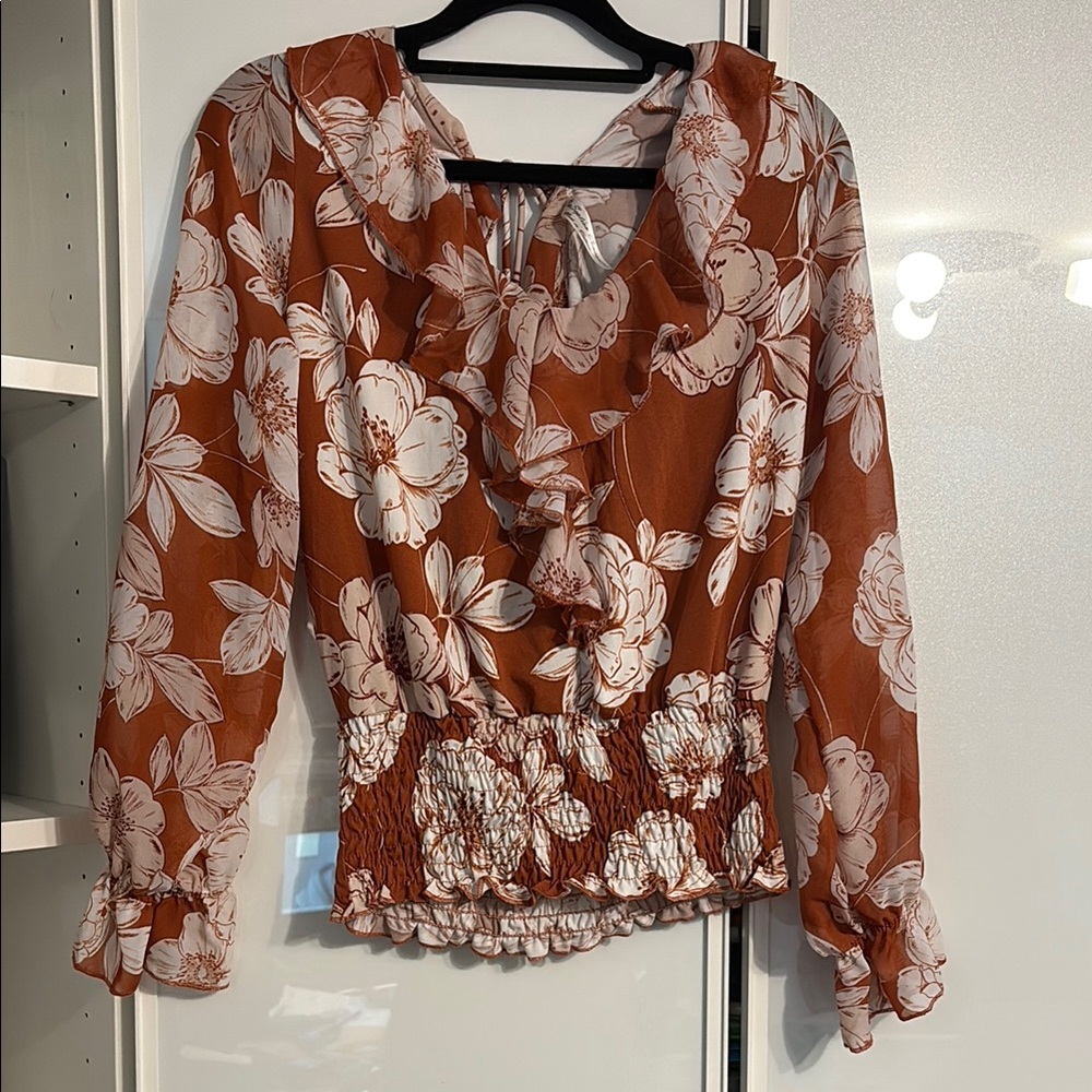 PerSeption Concept rust orange Ruffled Smocked Blouse